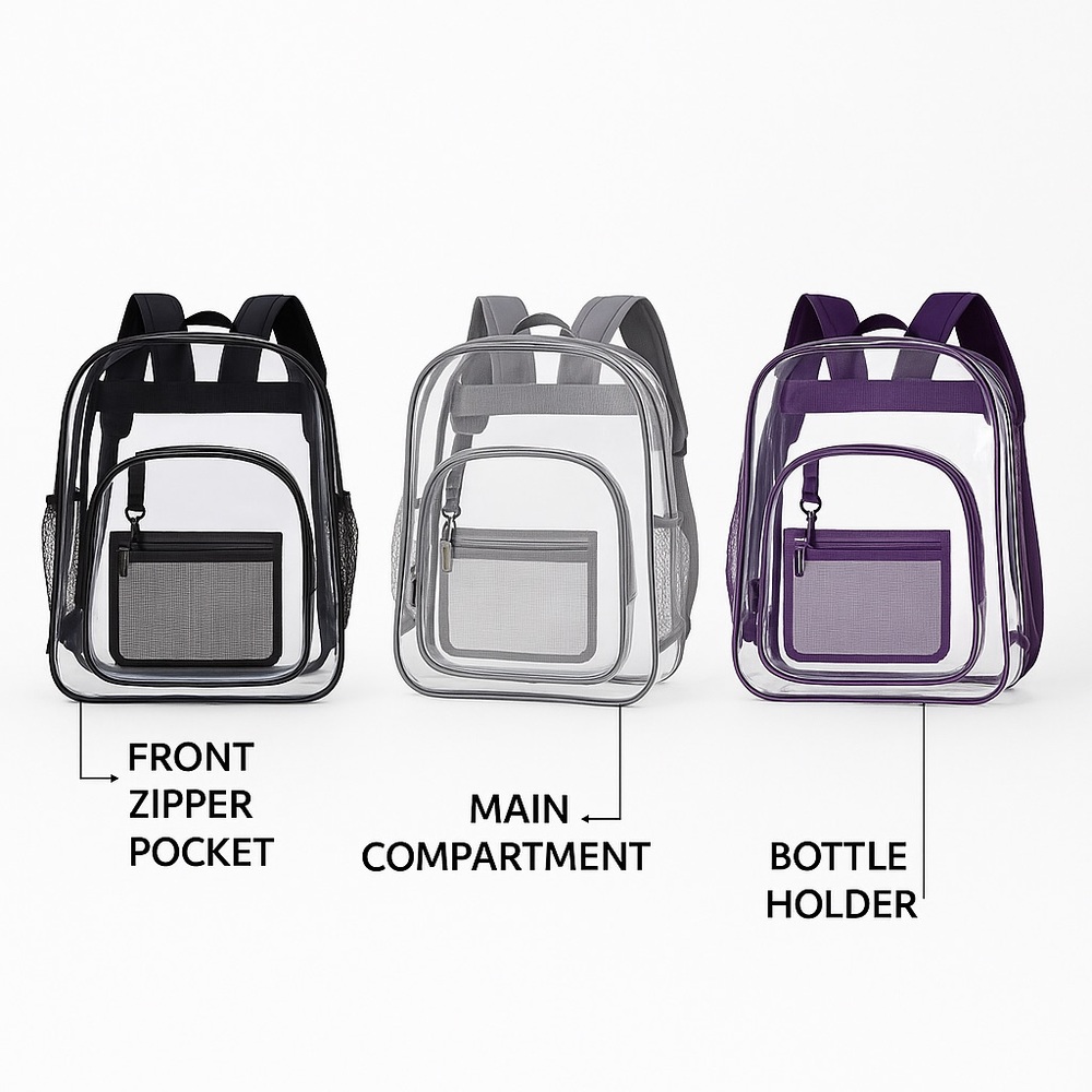 Set of 3 Clear Backpack with Front Zipper Pocket